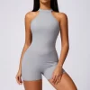 Running Athletic Jumpsuit with pads Halter Neck Backless Booty Shorts One Piece Jumpsuit