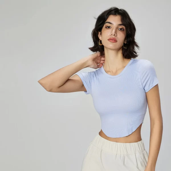 Ribbed Crop Top Short Sleeve Yoga Tops Wholesale Women's Shirt Sexy Sport Wear