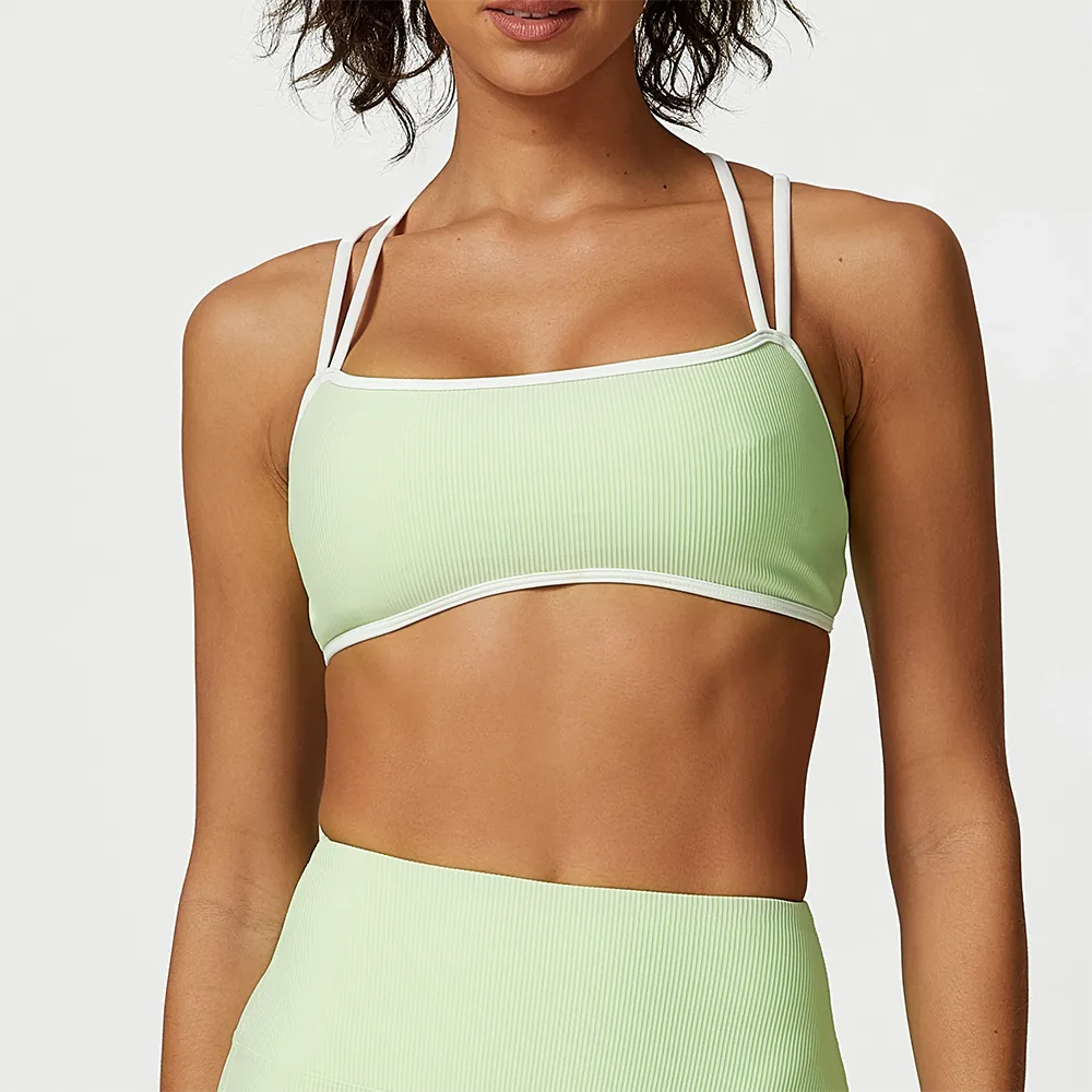 Ribbed Workout Clothes Contrast Colors Sports Bra Spark Clothing with Double Straps