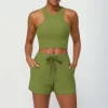 Ribbed Yoga Set Wholesale Shorts with Pockets Female Sports Vest Backless Top