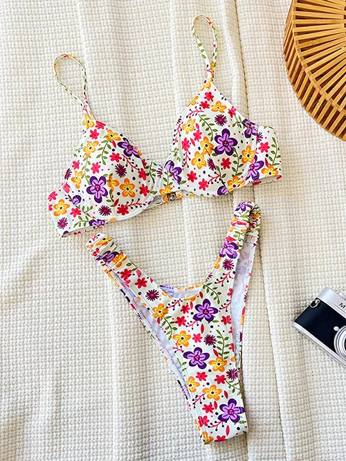 2 Piece Bathing Suit Floral Print Spaghetti Strap Underwire Bikini Swimsuit