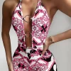 One Piece Swimsuit Tropical Print Hollow Out Swimwear