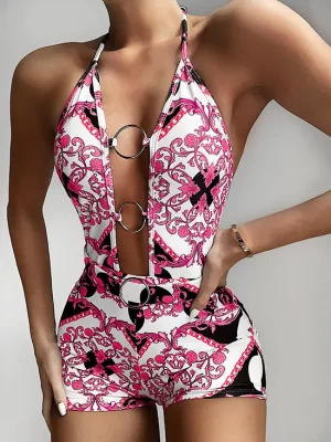 One Piece Swimsuit Tropical Print Hollow Out Swimwear