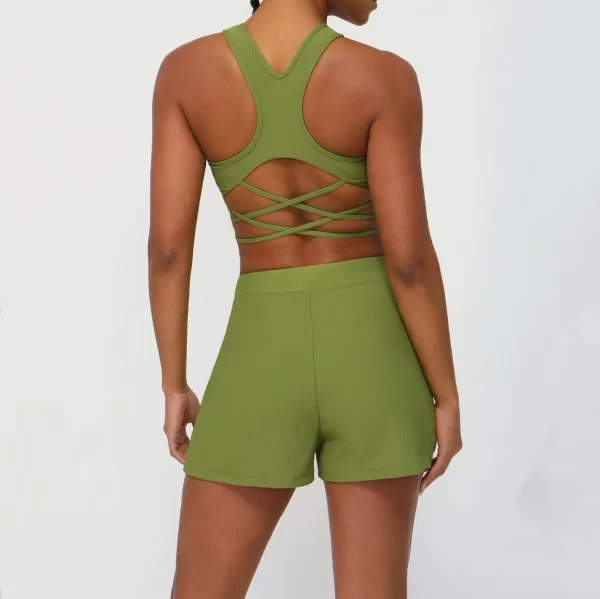 Ribbed Yoga Set Wholesale Shorts with Pockets Female Sports Vest Backless Top