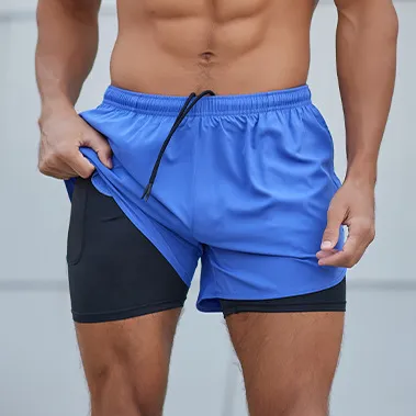 Men Active Yoga Jogging Double Layer Elastic Waistband Shorts Workout Fitness Wear