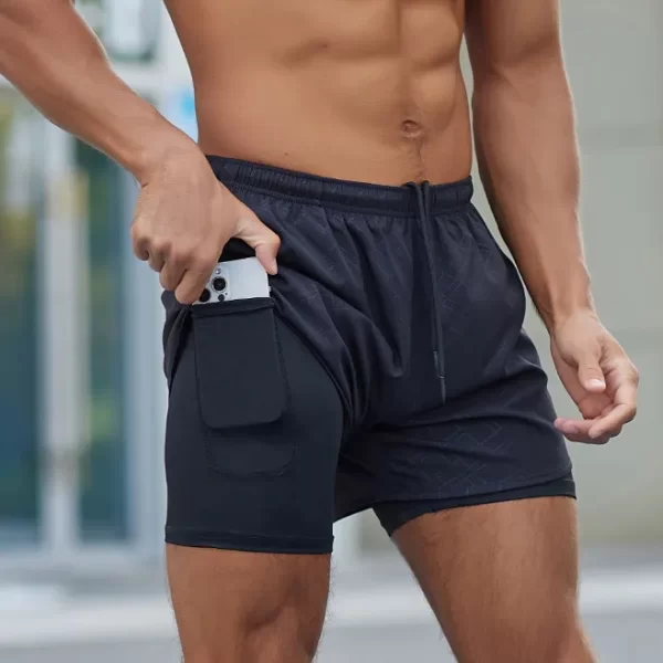 Men Active Yoga Jogging Double Layer Elastic Waistband Shorts Workout Fitness Wear