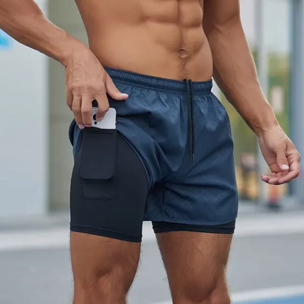 Men Active Yoga Jogging Double Layer Elastic Waistband Shorts Workout Fitness Wear