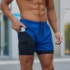 Men Active Yoga Jogging Double Layer Elastic Waistband Shorts Workout Fitness Wear