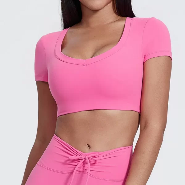 Elite Collection-Crew Neck Short Sleeve Crop Tops Yoga Workout Padded Slim Fit Shirts Basic Tee