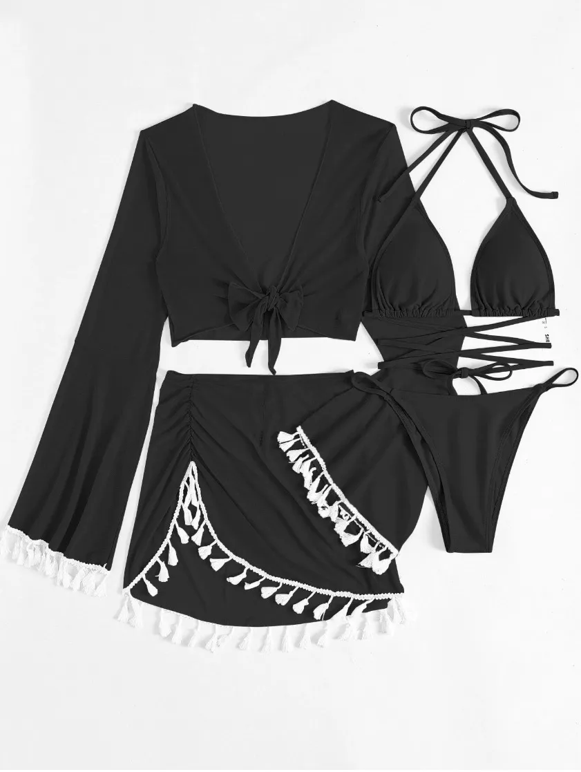 4 Piece Swimsuit Triangle Bikini Sets with Beach Cover Up Skirt