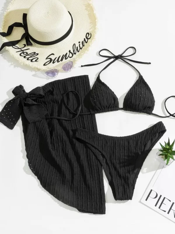 Halter Triangle String Bikini Set with Beach Skirt Swimwear Set