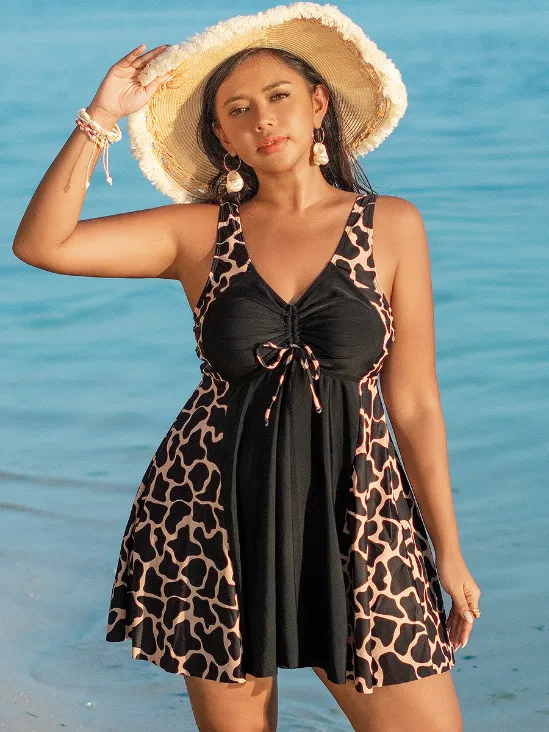 Floral Printed Swimdress Plus Size V Neck Bathing Suits