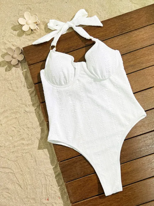 One Piece Swimsuit White Slimming Tummy Control Swimwear