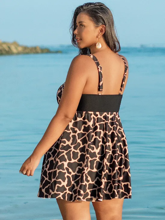 Floral Printed Swimdress Plus Size V Neck Bathing Suits