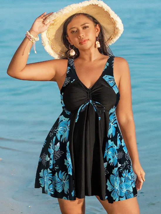 Floral Printed Swimdress Plus Size V Neck Bathing Suits