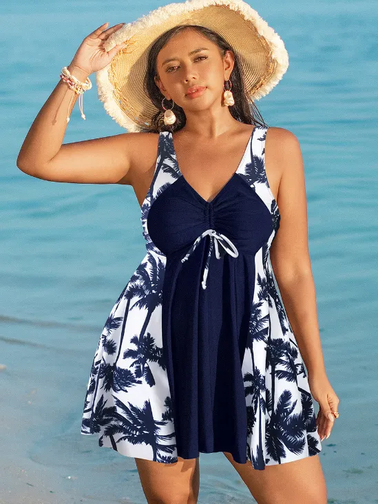 Floral Printed Swimdress Plus Size V Neck Bathing Suits