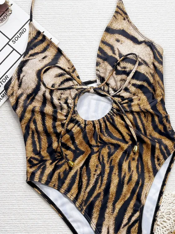 One Piece Leopard Print Swimsuit Cutout Bikini Bathing Suit